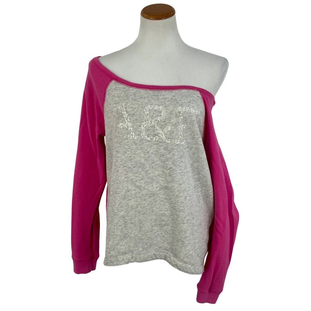 Abercrombie & Fitch Gray & Pink Sequin Logo Slouchy On/Off Shoulder Cozy Sweater